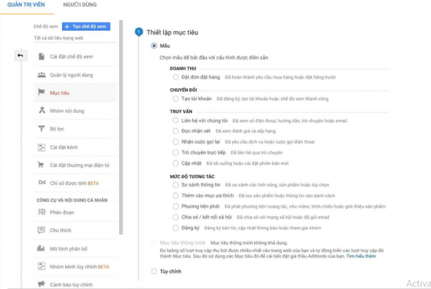 cài đặt mục tiêu trong Google Analytics 