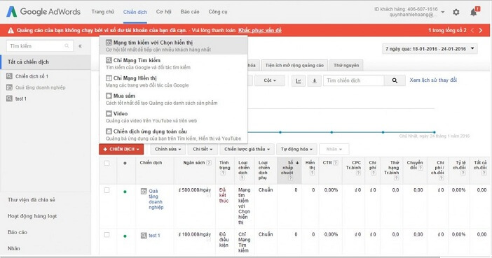 chiến dịch quảng cáo google adwords