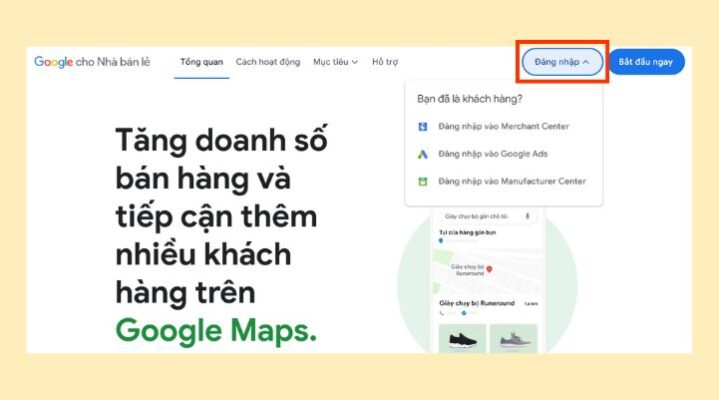 Đăng nhập vào Google Merchant Center bằng cách nhấn vào ô Đăng nhập ở góc phải bên trên màn hình