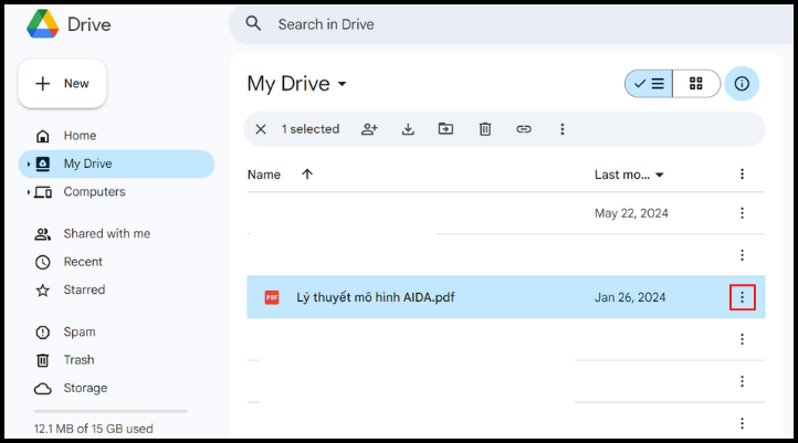 Chọn nút 3 chấm bên phải để chuyển file PDF sang Word bằng Google Drive