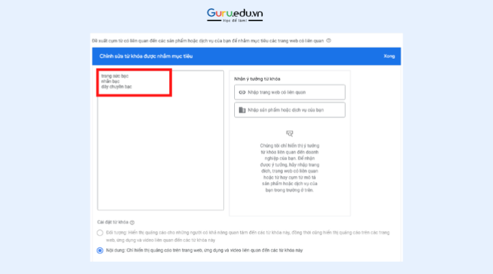 Bước 8: Nhập từ khóa người dùng sẽ thấy quảng cáo của bạn khi họ tìm kiếm