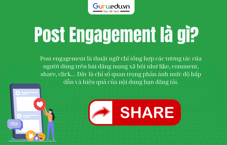 Post engagement là thuật ngữ chỉ tổng hợp các tương tác của người dùng trên bài đăng mạng xã hội như like, comment, share, click… Đây là chỉ số quan trọng phản ánh mức độ hấp dẫn và hiệu quả của nội dung bạn đăng tải.